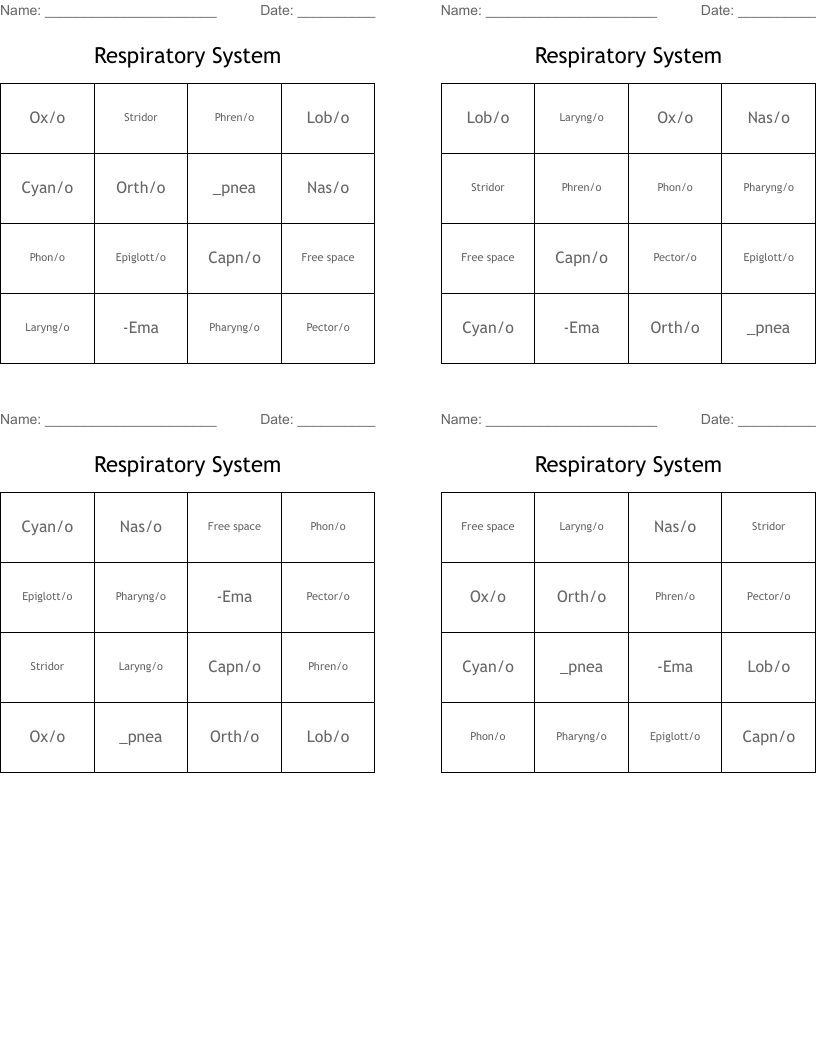Respiratory System  Bingo Cards
