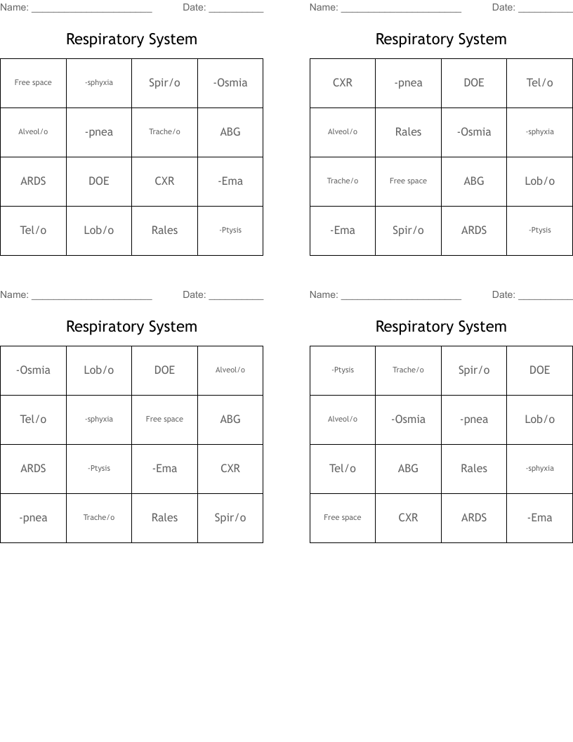 Respiratory System  Bingo Cards