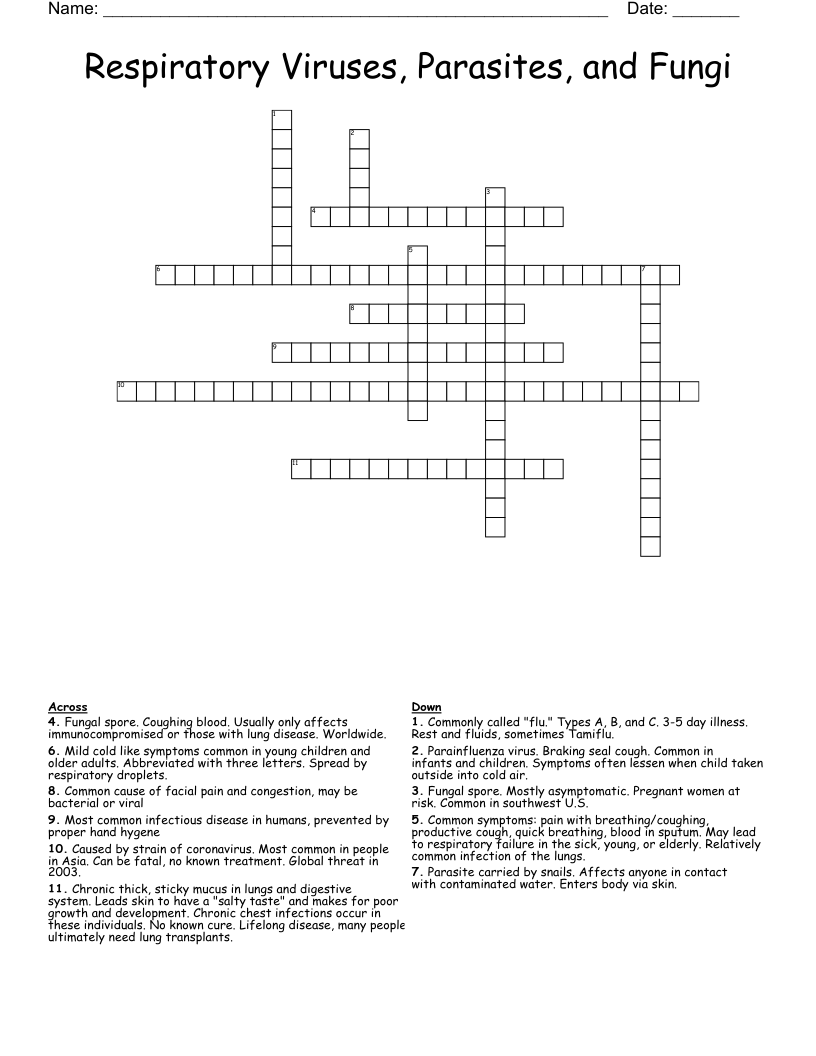 Respiratory Viruses, Parasites, and Fungi Crossword