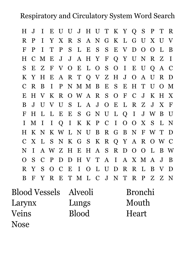 Respiratory and Circulatory System Word Search