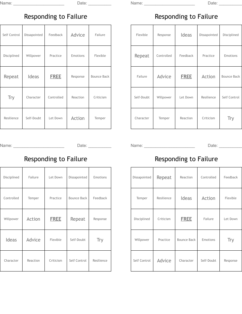 Responding to Failure Bingo Cards