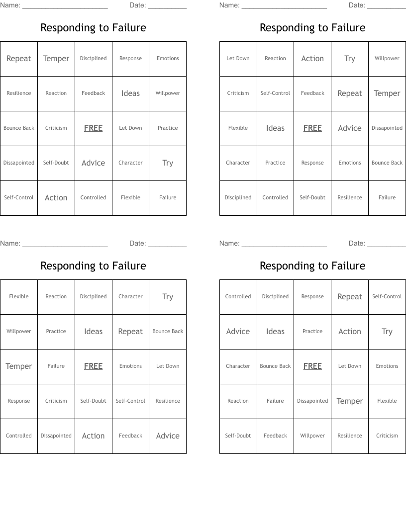 Responding to Failure Bingo Cards