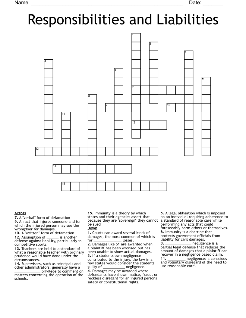 Responsibilities and Liabilities  Crossword