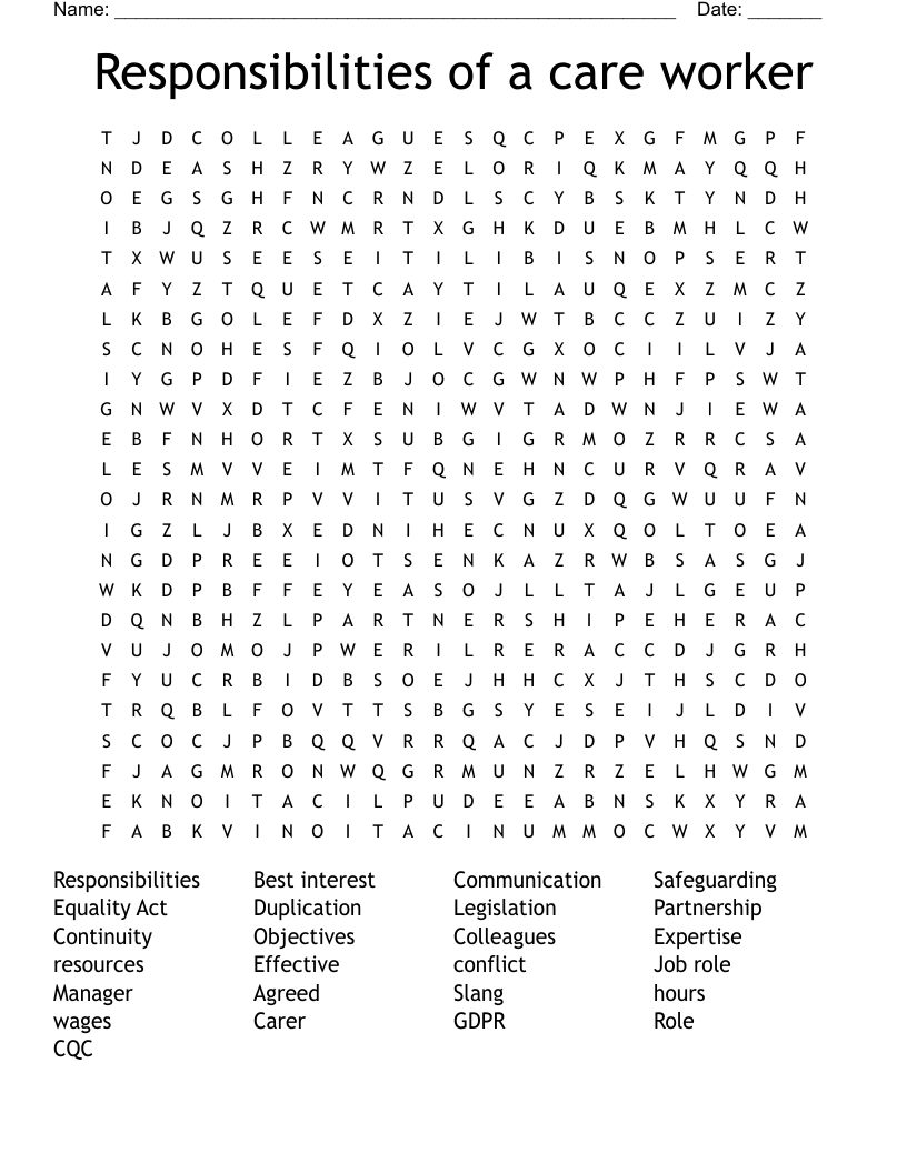Responsibilities of a care worker Word Search