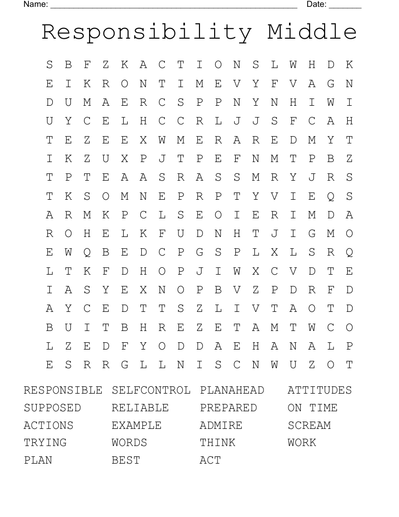 Responsibility Middle Word Search