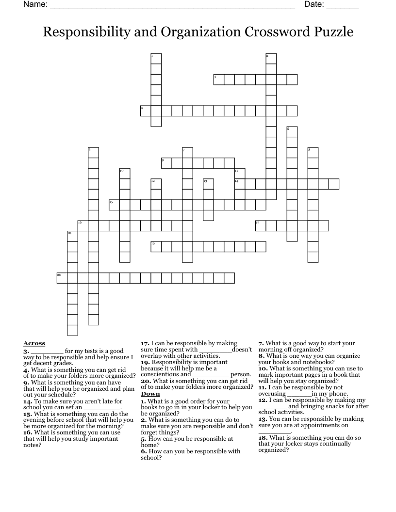 Responsibility and Organization Crossword Puzzle 