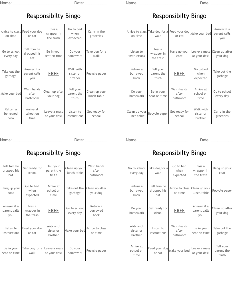 Responsibilty Bingo