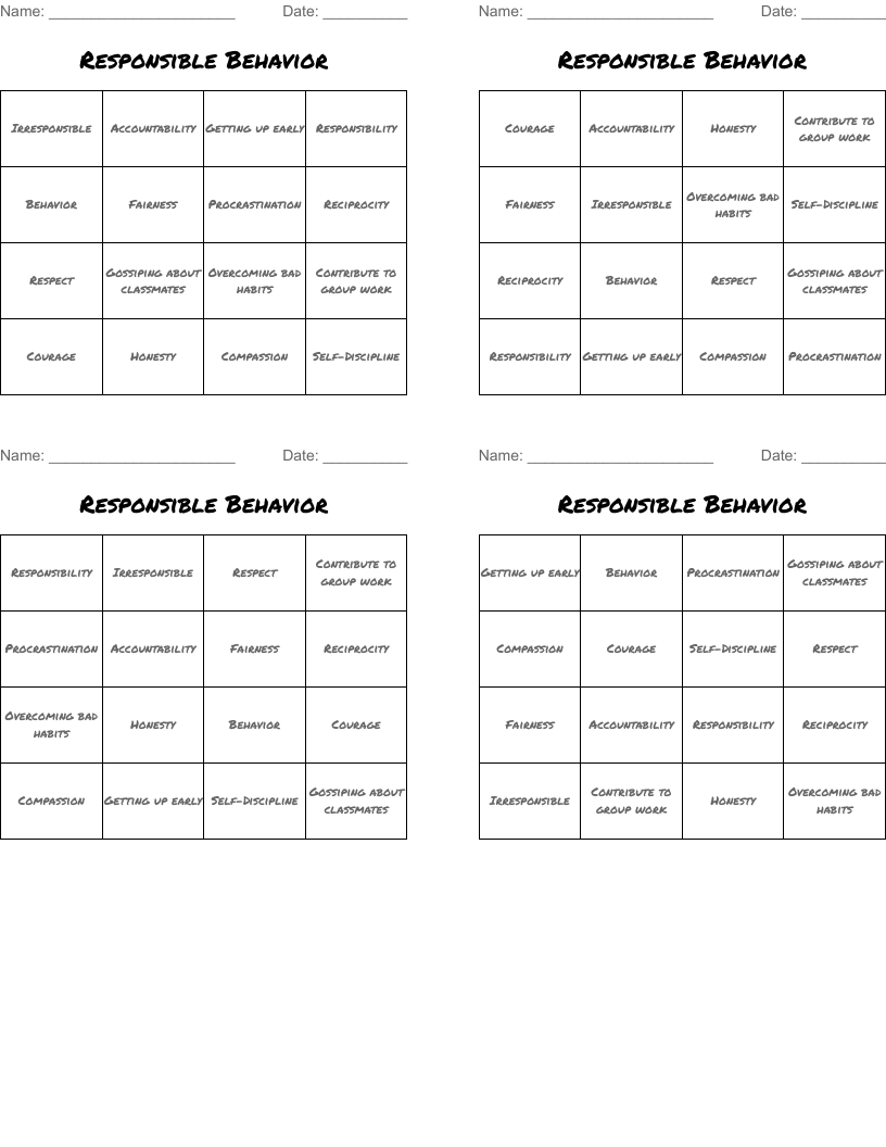 Responsible Behavior Bingo Cards