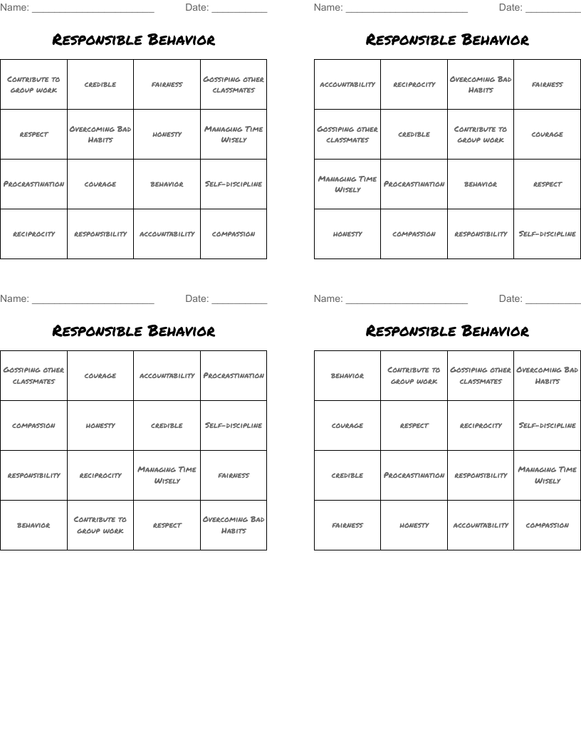 Responsible Behavior Bingo Cards