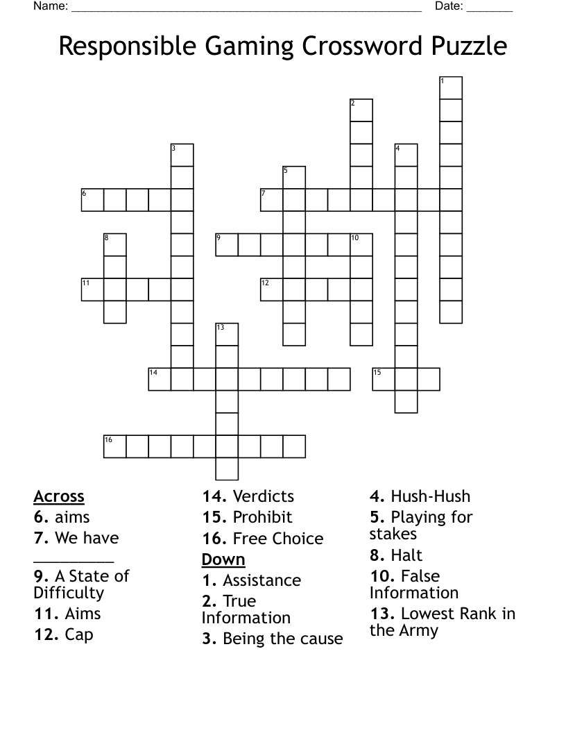 Responsible Gaming Crossword Puzzle