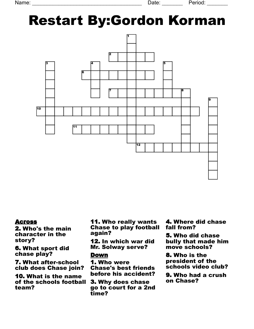 Restart By:Gordon Korman  Crossword