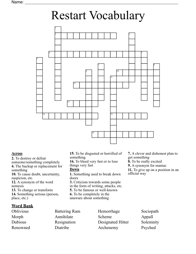 Restart Vocabulary Crossword
