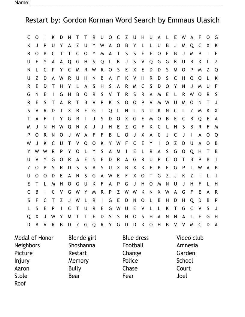 Restart by: Gordon Korman Word Search by Emmaus Ulasich