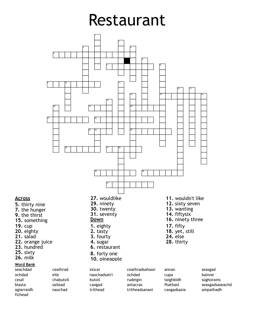Restaurant Crossword