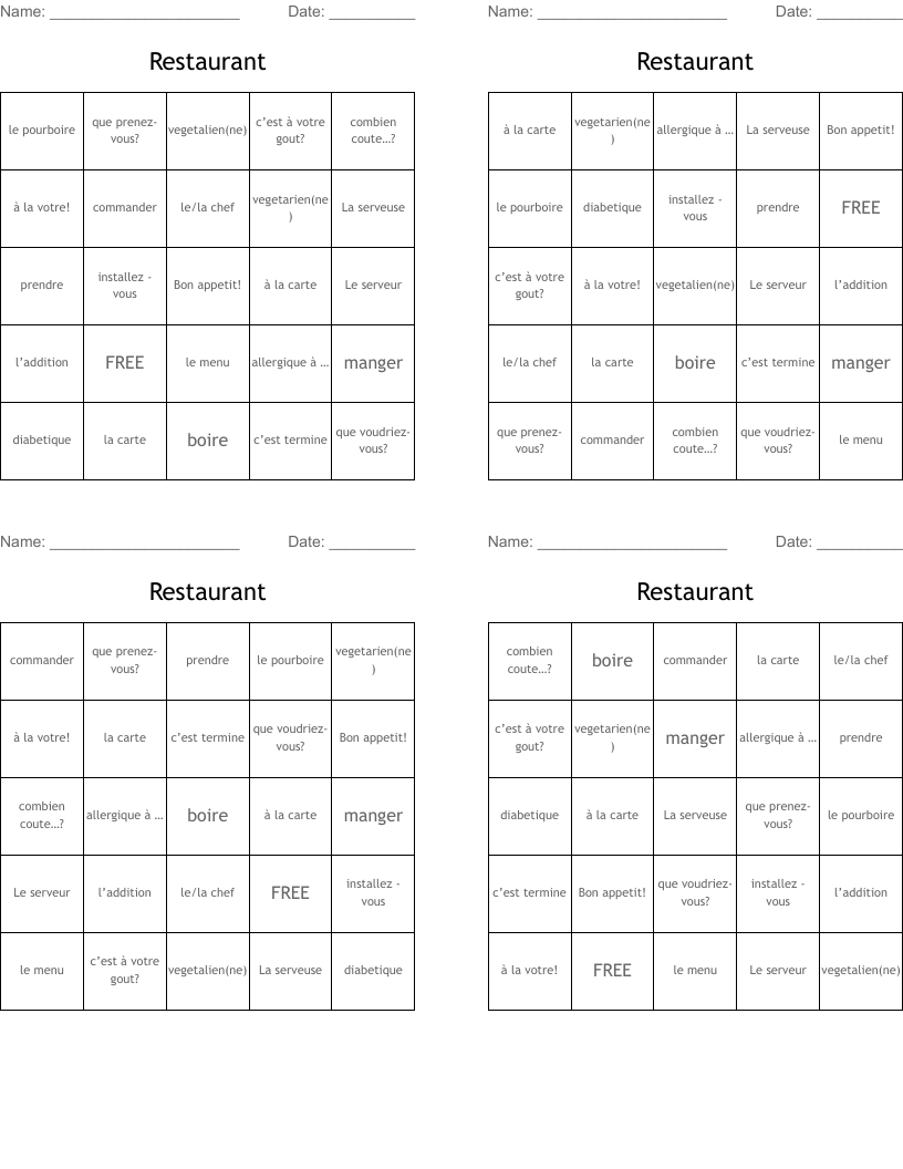 Restaurant Bingo Cards