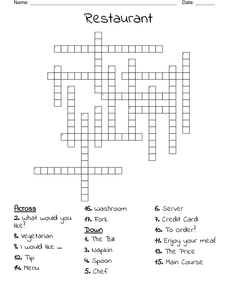 Restaurant Crossword