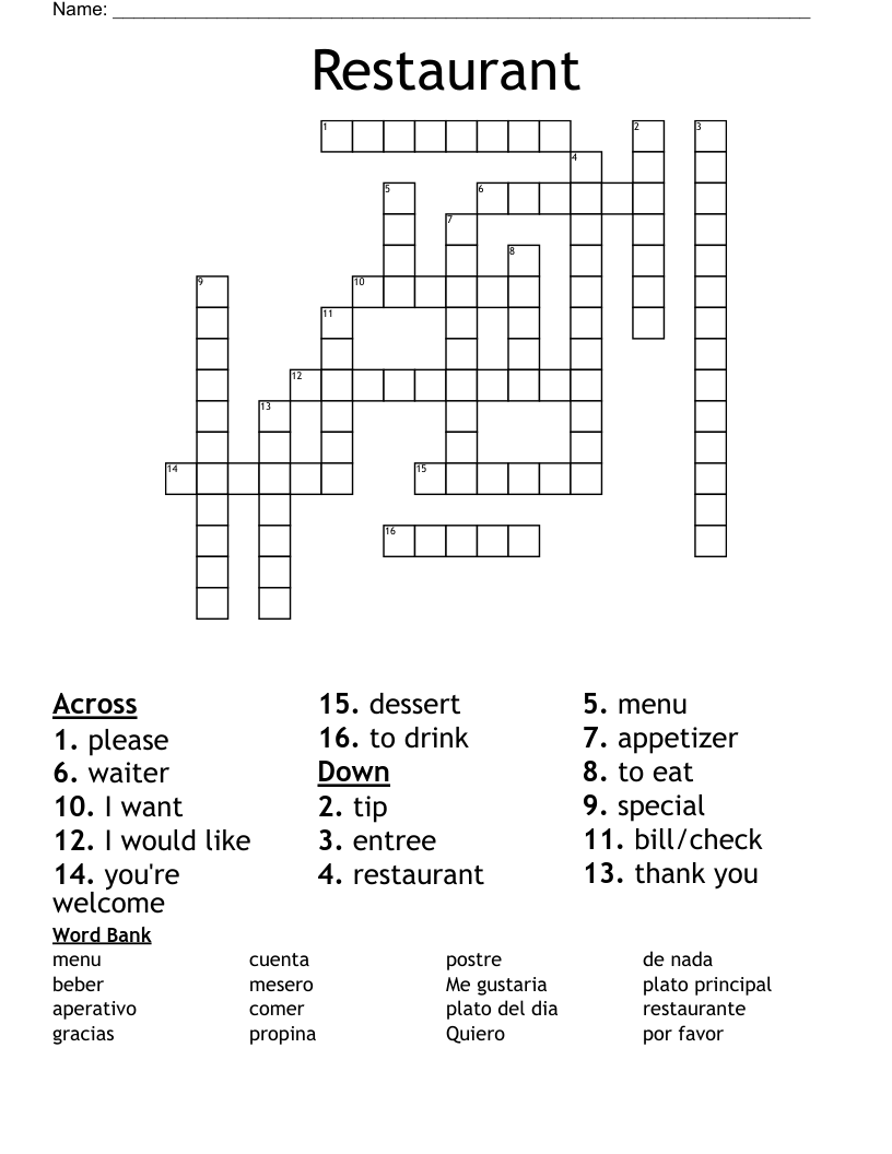 Restaurant Crossword