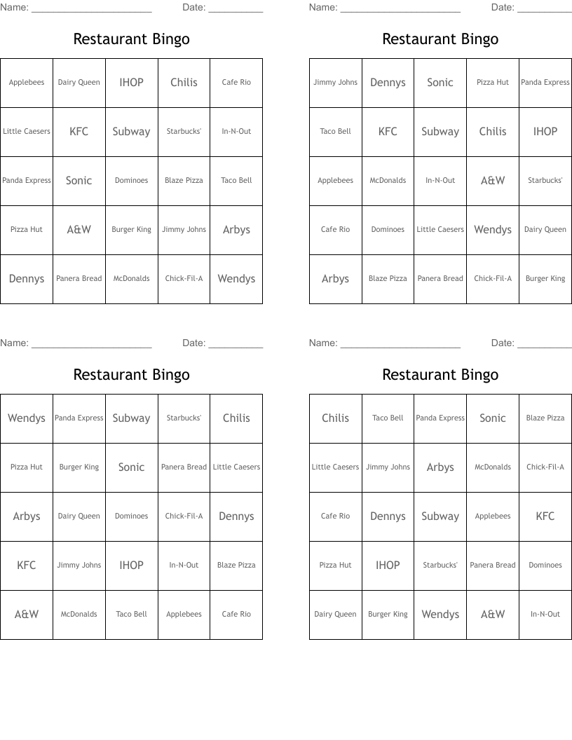 Restaurant Bingo