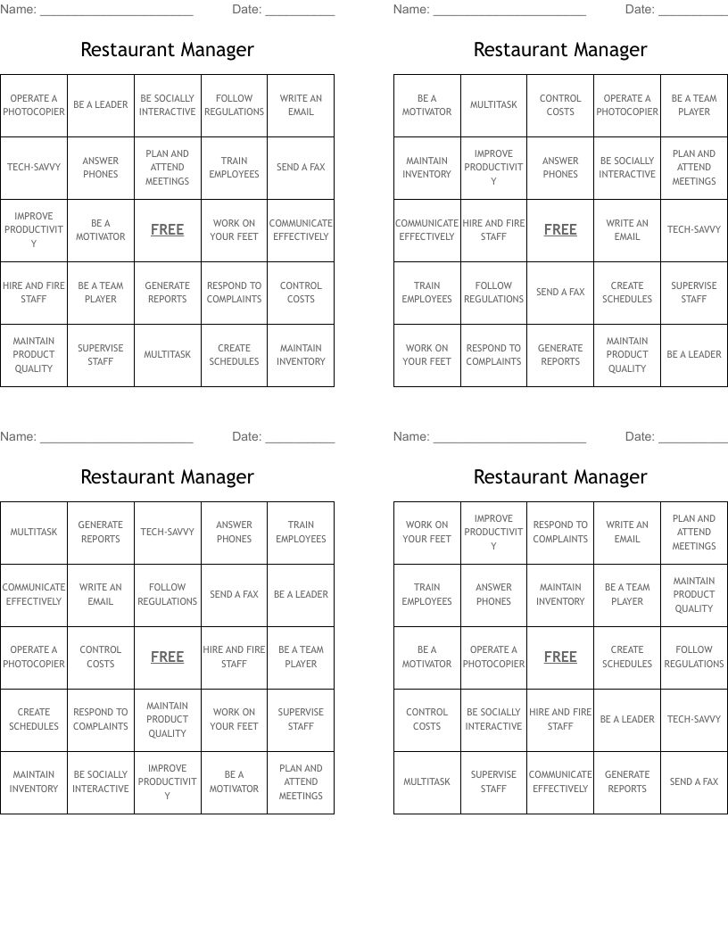Restaurant Manager Bingo Cards