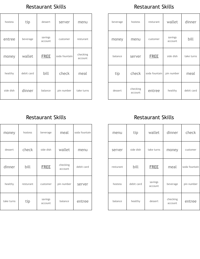 Restaurant Skills Bingo Cards