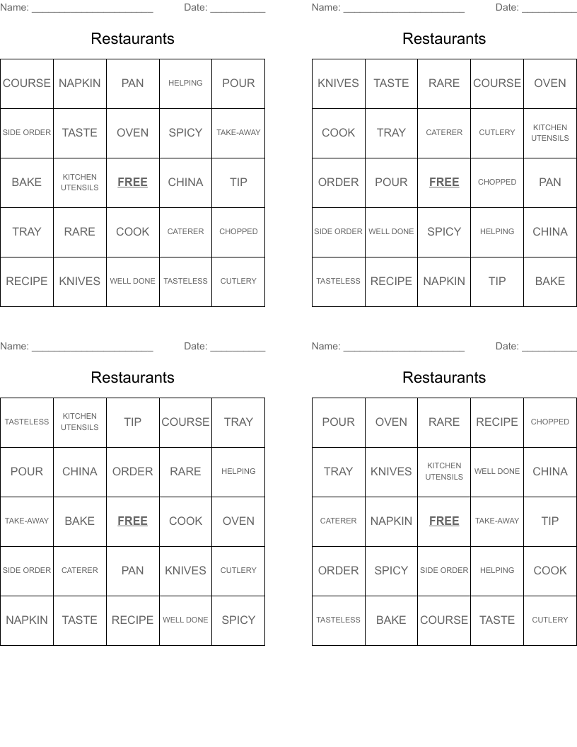 Restaurants Bingo Cards
