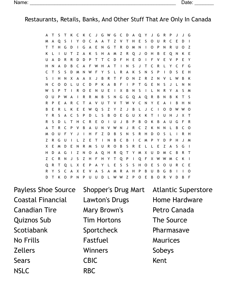 Restaurants, Retails, Banks, And Other Stuff That Are Only In Canada Word Search