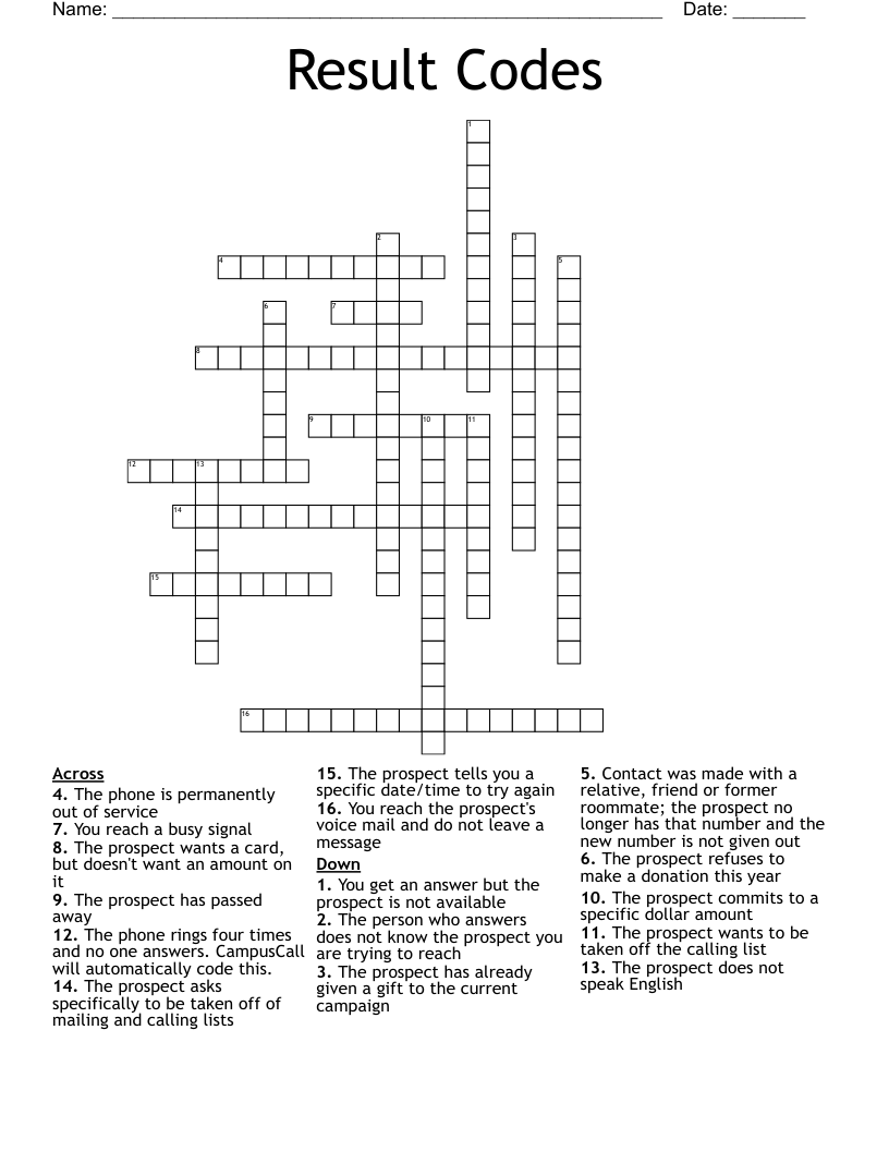 Result Codes Crossword