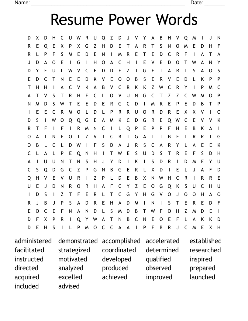 Resume Power Words Word Search