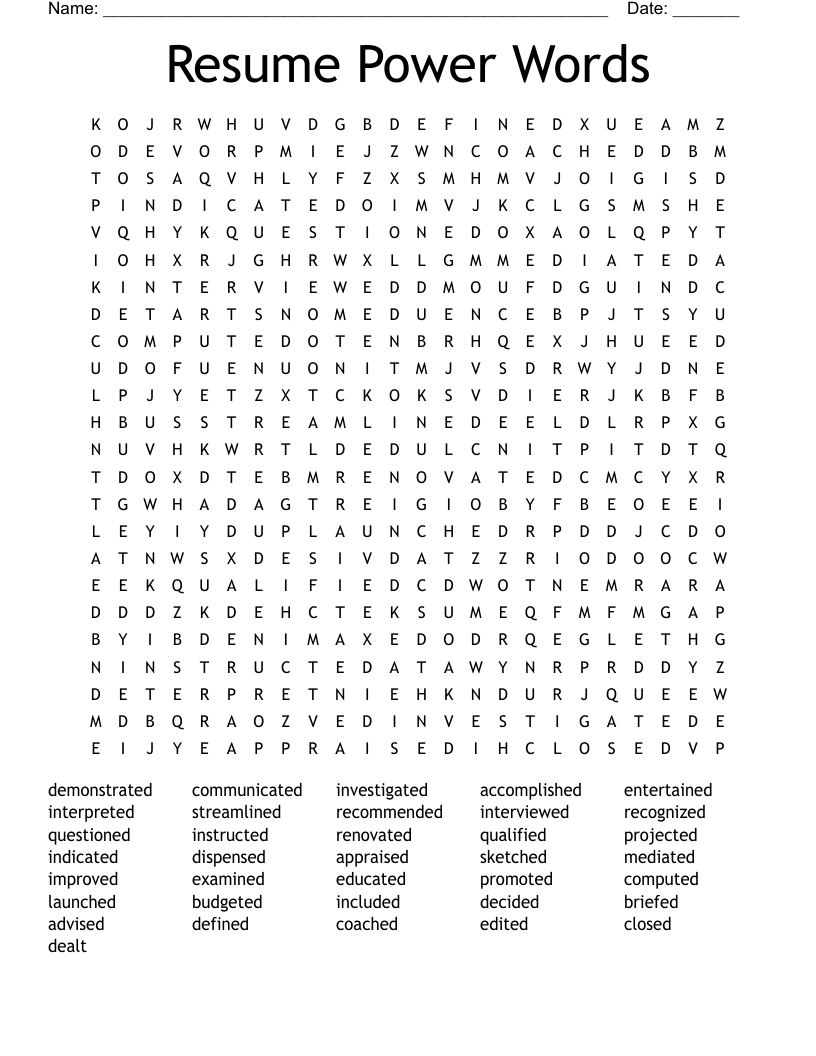 Resume Power Words Word Search