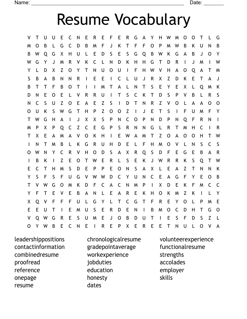 Resume Vocabulary Word Search