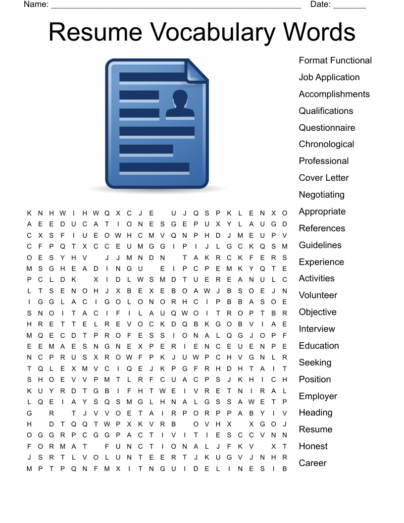 Resume Vocabulary Words Word Search