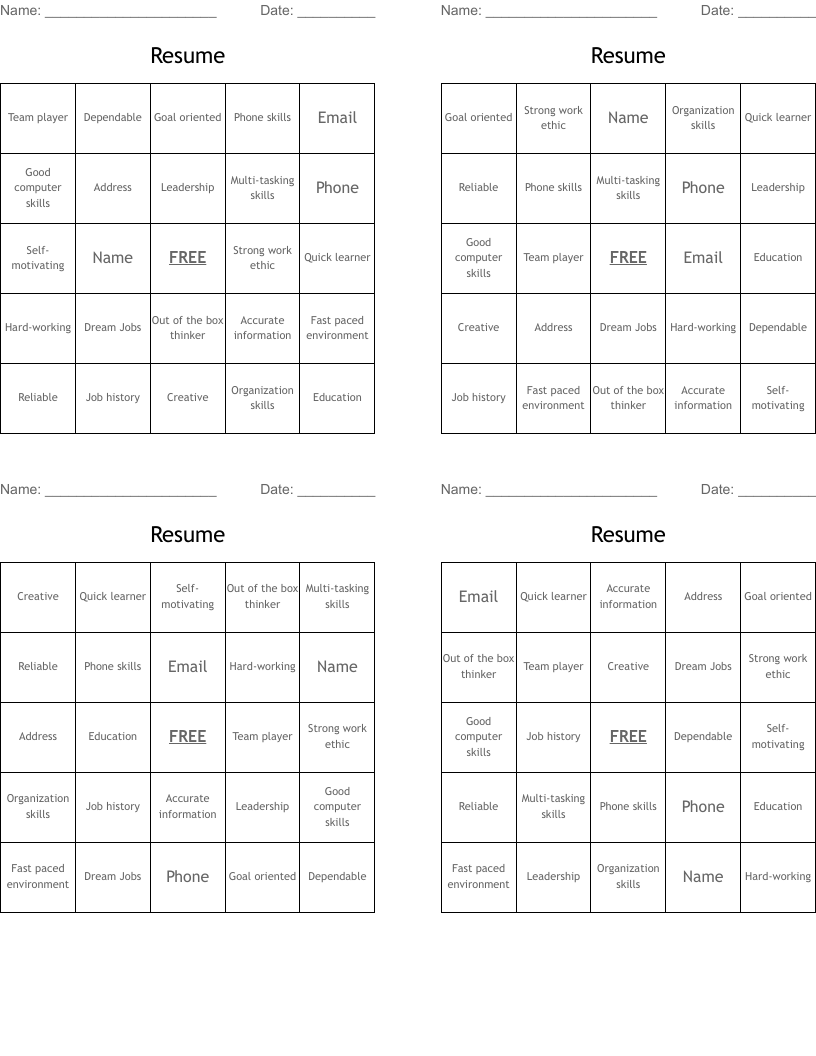 Resume  Bingo Cards
