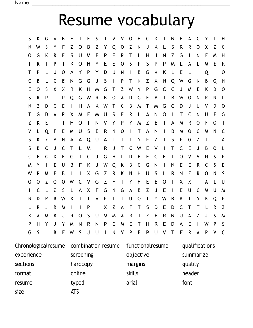 Resume vocabulary Word Search