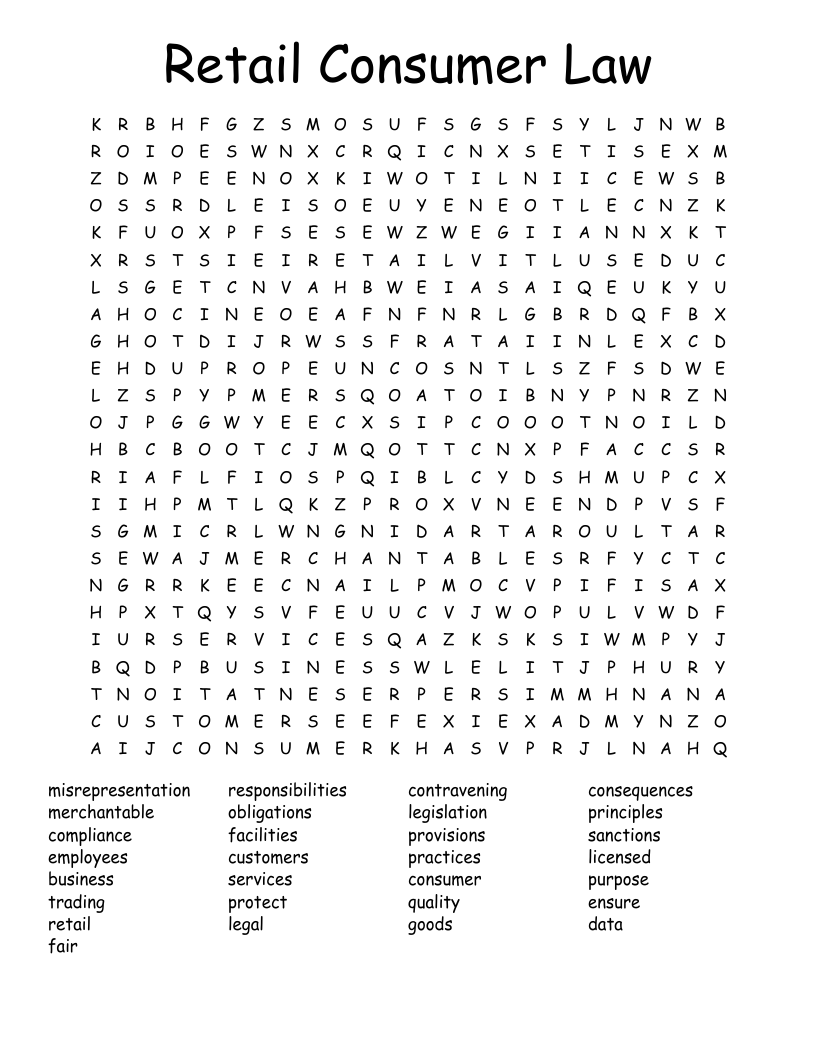 Retail Consumer Law Word Search