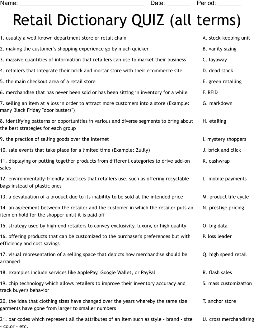 Retail Dictionary QUIZ (all terms) Worksheet