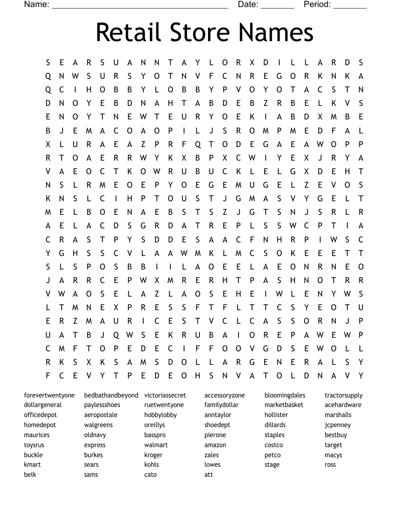 Retail Store Names Word Search