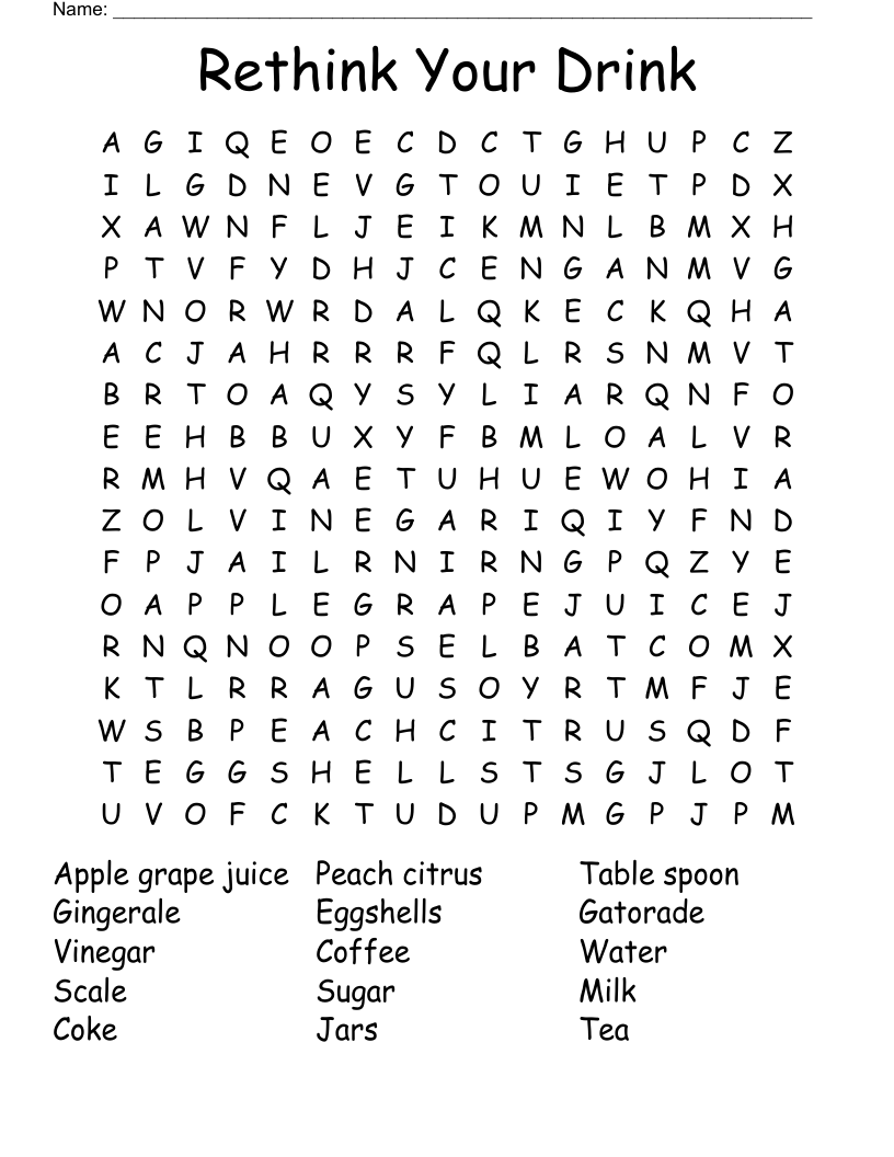 Rethink Your Drink Word Search