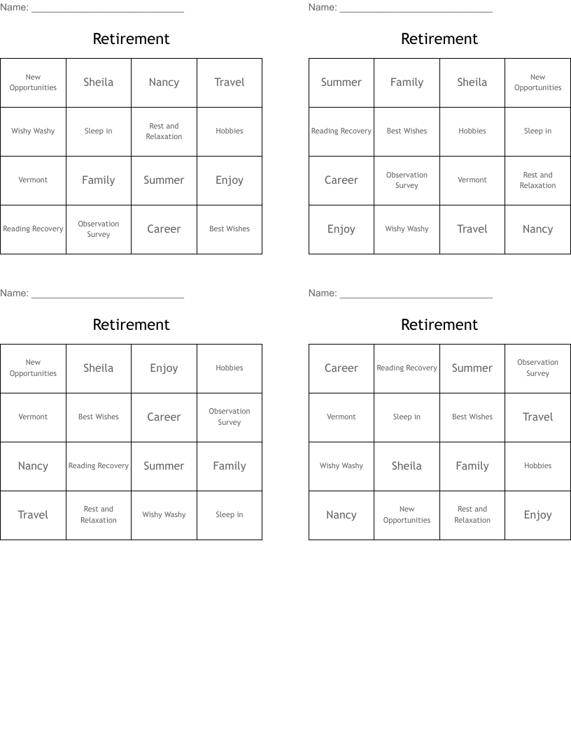 Retirement Bingo Cards