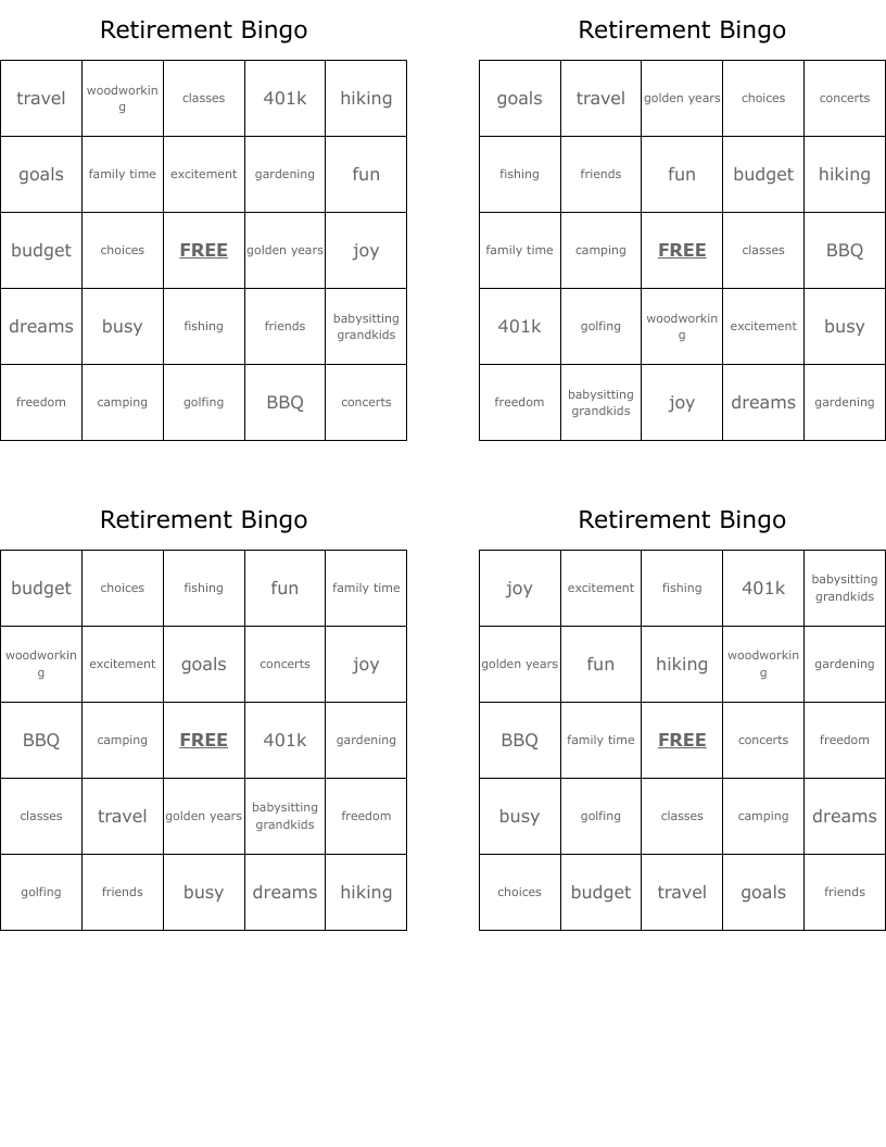 Retirement Bingo