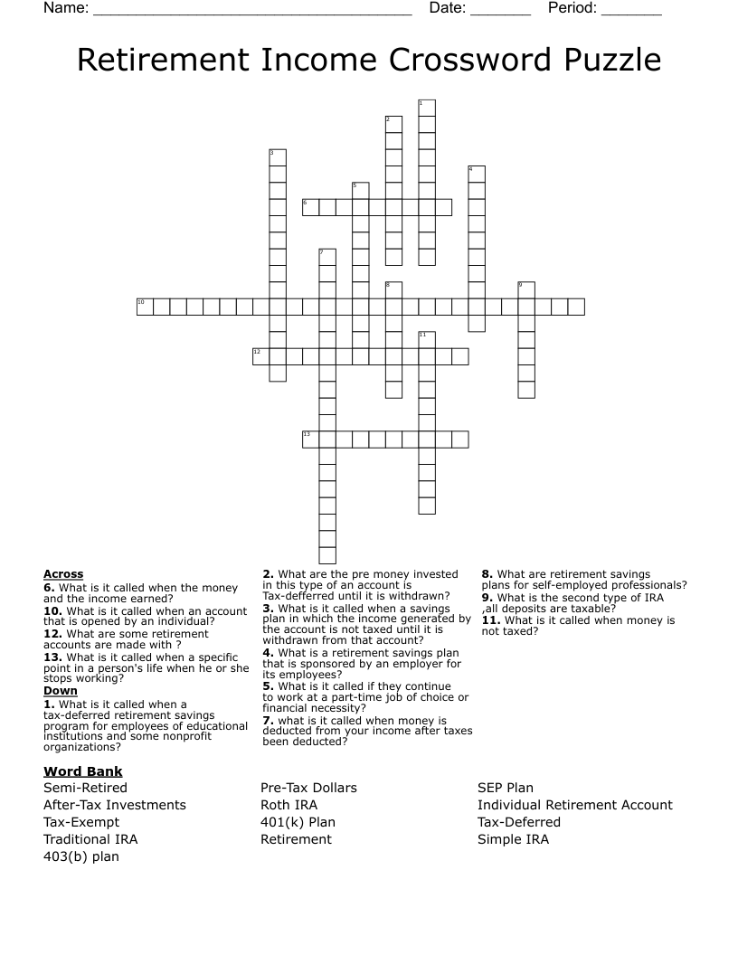 Retirement Income Crossword Puzzle