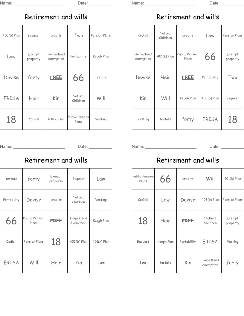 Retirement and wills Bingo Cards