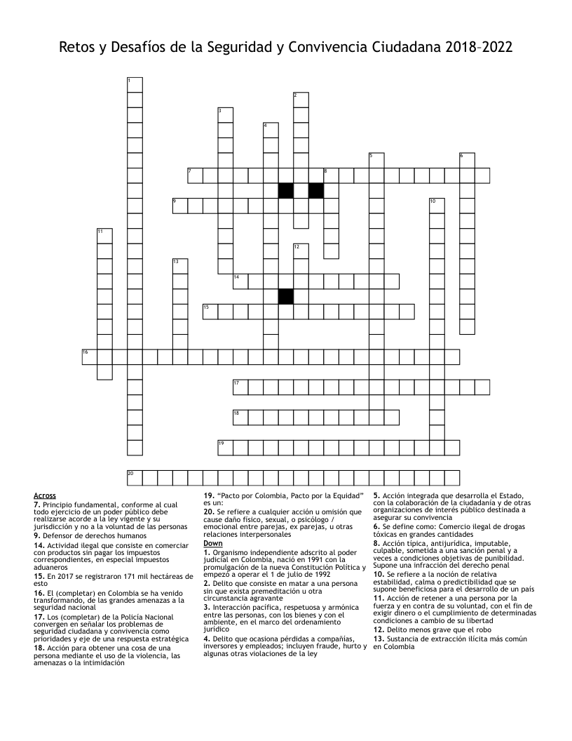 Retos y Desafíos de la Seguridad y Convivencia Ciudadana 2018–2022 Crossword