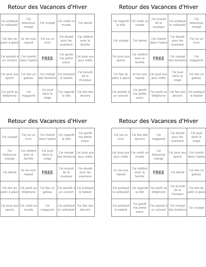 Retour des Vacances d'Hiver Bingo Cards