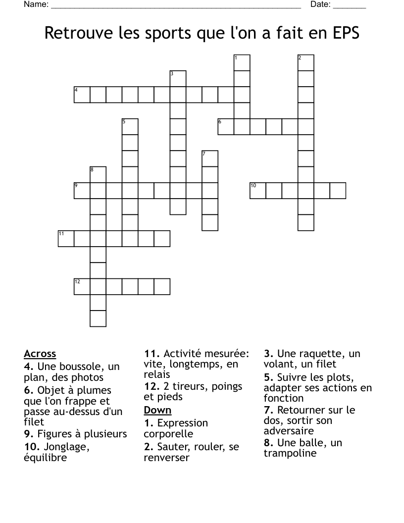 Retrouve les sports que l'on a fait en EPS  Crossword
