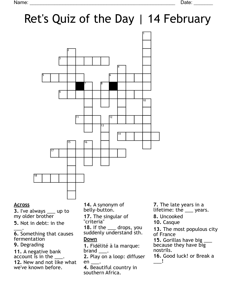 Ret's Quiz of the Day | 14 February Crossword