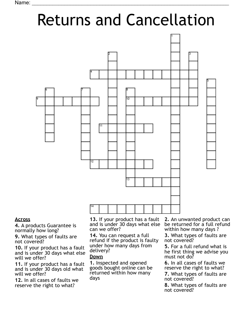 Returns and Cancellation  Crossword