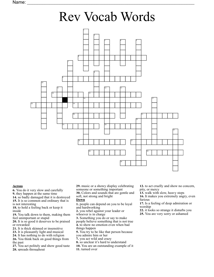 Rev Vocab Words Crossword