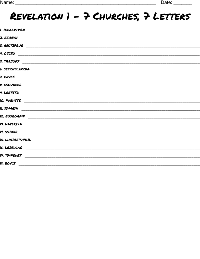 Revelation 1 - 7 Churches, 7 Letters Word Scramble