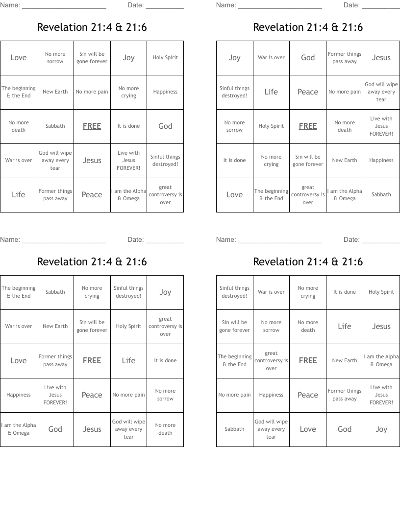 Revelation 21:4 & 21:6 Bingo Cards