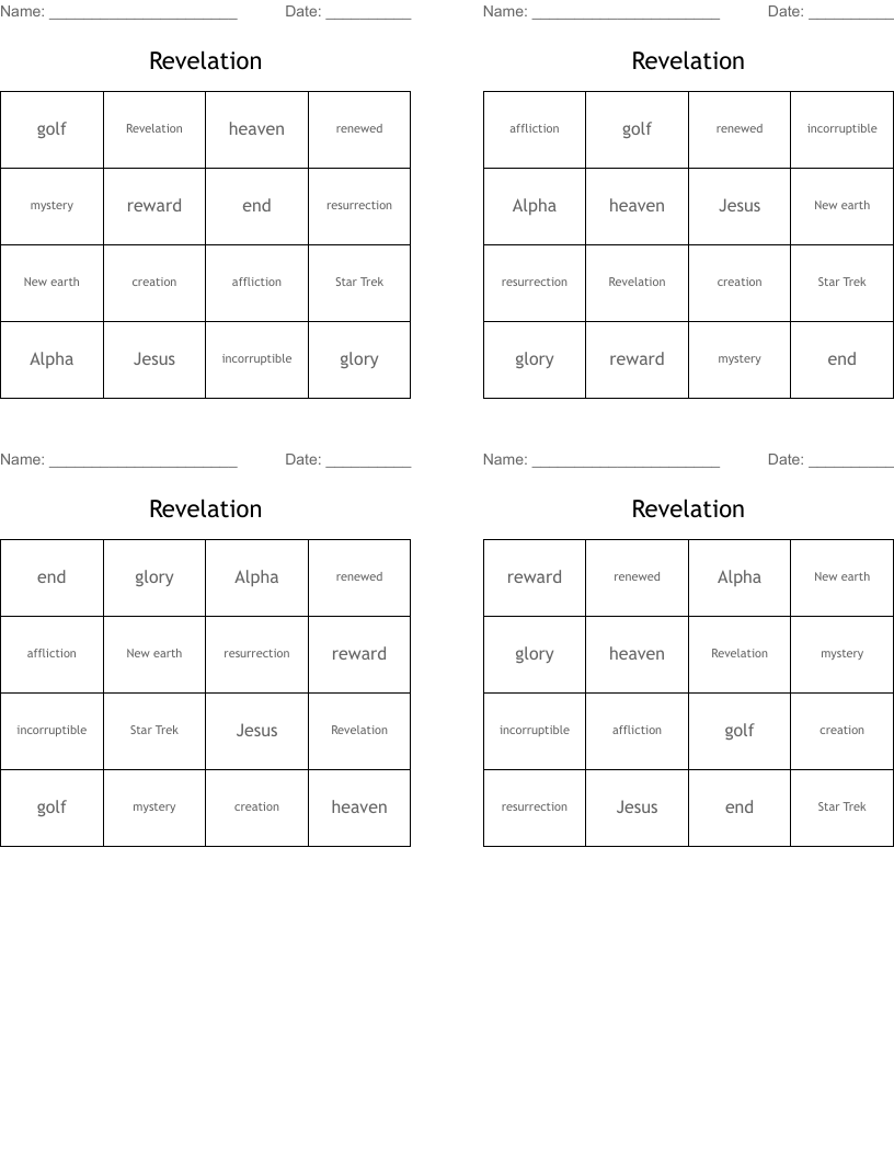 Revelation Bingo Cards